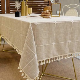 Deep Dream Tablecloths, Embroidered Checkered Table Cloth Cotton Linen Wrinkle Free Anti-Fading Table Cover Decoration for Kitchen Dinning Party Christmas, 55 x 86 Inch - Light Brown