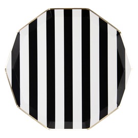 Bonjour Fête Black Cabana Stripe Party Plates | Gold Foil Sturdy Disposable Plate for Holiday & Tailgate Parties | Large Lunch & Dinner Plate | Pack of 8, 10.75" | Premium Party Supplies & Decorations