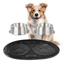 BREKX Stainless Steel Pet Bowls with Non-Slip Waterproof Mat, Premium Rubber Floor Grip and Water Protection, Quiet Bottom, Easy to Clean/Food and Water Catching Prongs, Anti-Tip & Anti-Spill