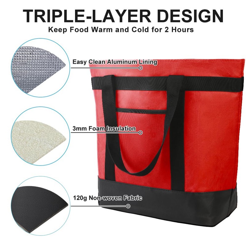 CIVJET Insulated Grocery Tote Bag, Red-black, L