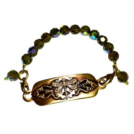 Elaine Coyne Collectible Artwear Satin Antiqued Brass Neo-Victorian Dragonfly Interchangeable Rockband Bracelet - Iridescent Oviline Crystal (7)