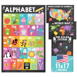 Hadley Designs 4 Alphabet, Map of United States, World Map, & Solar System Posters - Laminated ABC Charts for Toddlers Wall Decor, Chalk Posters for Kindergarten, Prek Classroom or Homeschool 11x17