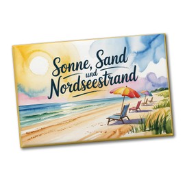 Sun Sand North Sea Beach Watercolour Scene Souvenir Souvenir Magnet Perfect as Whiteboard Magnet Saying for Collectors and North Sea Fans