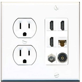 15 Amp Round Power Outlet 3 Port HDMI 1 Cat6 Coax Cable TV Toslink Wall Plate