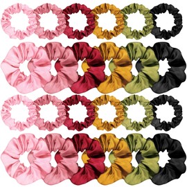 WILLBOND 24 Pcs Satin Scrunchies for Women Silk Hair Ties Set 2 Sizes Soft Ponytail Holders for Thick Curly Hair Assorted Colors for Daily Use Wedding Party Gifts (Plain Pattern, Delicate Colors)