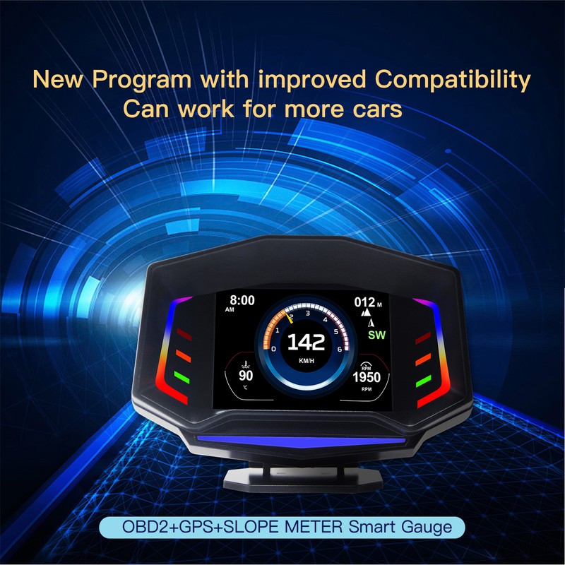 Car HUD Display OBD2 GPS Slope Meter Multifunction Overspeed Alarm