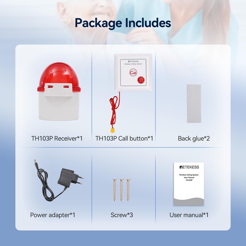 Retekess TH103P Caregiver Pager System, Wireless Alarm System, IP54 Waterproof,