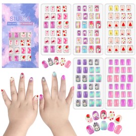 SIUSIO 120 Pcs 5 Pack Children Acrylic Fake Nails Press on Pre-glue Full Cover Glitter Gradient Color Rainbow Short Kids Stick On False Nail Art Kits Set for Kids Little Girls - Cutie Unicorn Theme