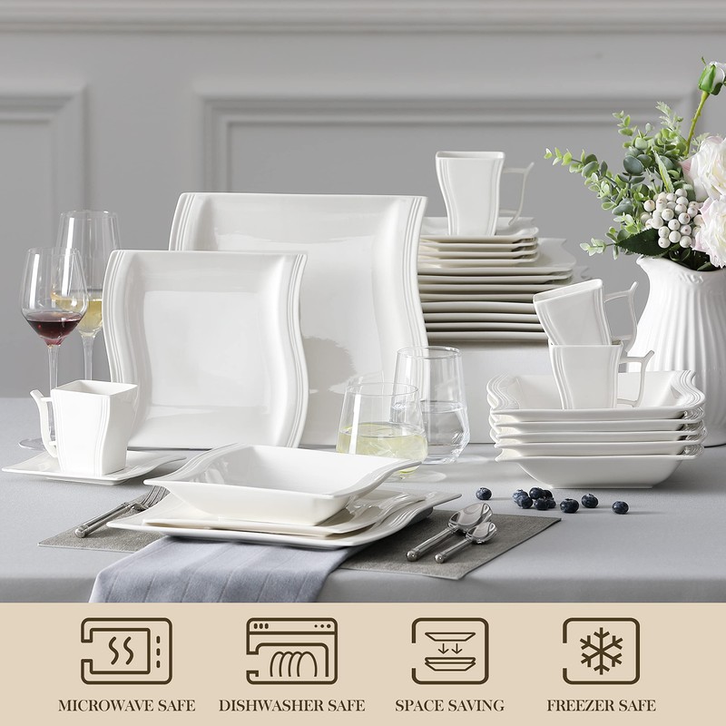 MALACASA Ivory White Dinnerware Sets, 30-Piece Porcelain Plates and Bowls