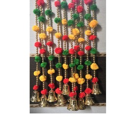 Sphinx Pom-poms Beads & Golden Hanging Bells Strings/Garlands/torans/Wall hangings for Decoration (Approx 4.8 ft) - Pack of (10)
