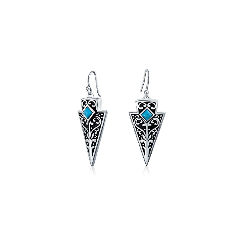 Bali Style Two Tone Oxidized Blue Bead Arrowhead Dangle Earrings
