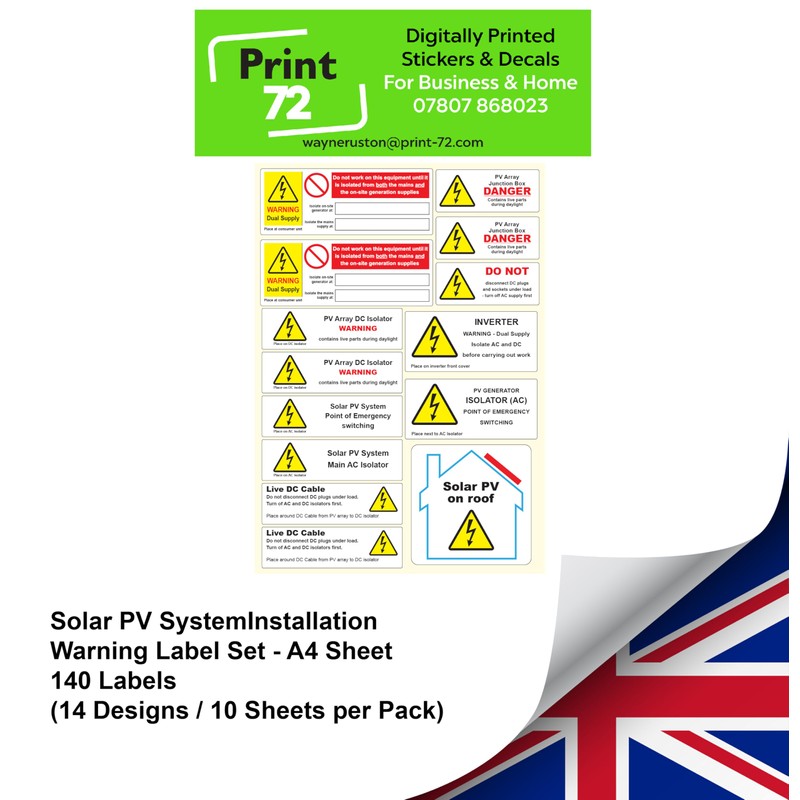 Solar PV System Installation Warning Label Set - A4 Sheet
