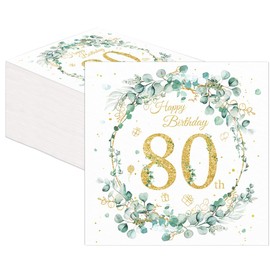 Pack of 80 Napkins, 80th Birthday Napkins, Eucalyptus Green, Eucalyptus Napkins, 80th Birthday Decoration, Premium Party Decoration for Adult Parties, Table Decoration with Birthday Motifs