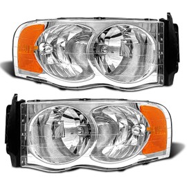 ADCARLIGHTS Headlight Assembly Compatible with 2002-2005 Dodge Ram 1500/03-05 Ram 2500 3500 Chrome Housing with Amber Reflector Clear Lens Headlamp Replacement Left and Right