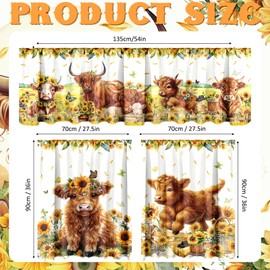 Breling 3 Pcs Sunflower Highland Cow Kitchen Curtains Valances and Tiers Set for Windows Spring Farmhouse Highland Cow Sunflower Curtains Decor for Summer Bedroom Window Decor Party Favor Supplies