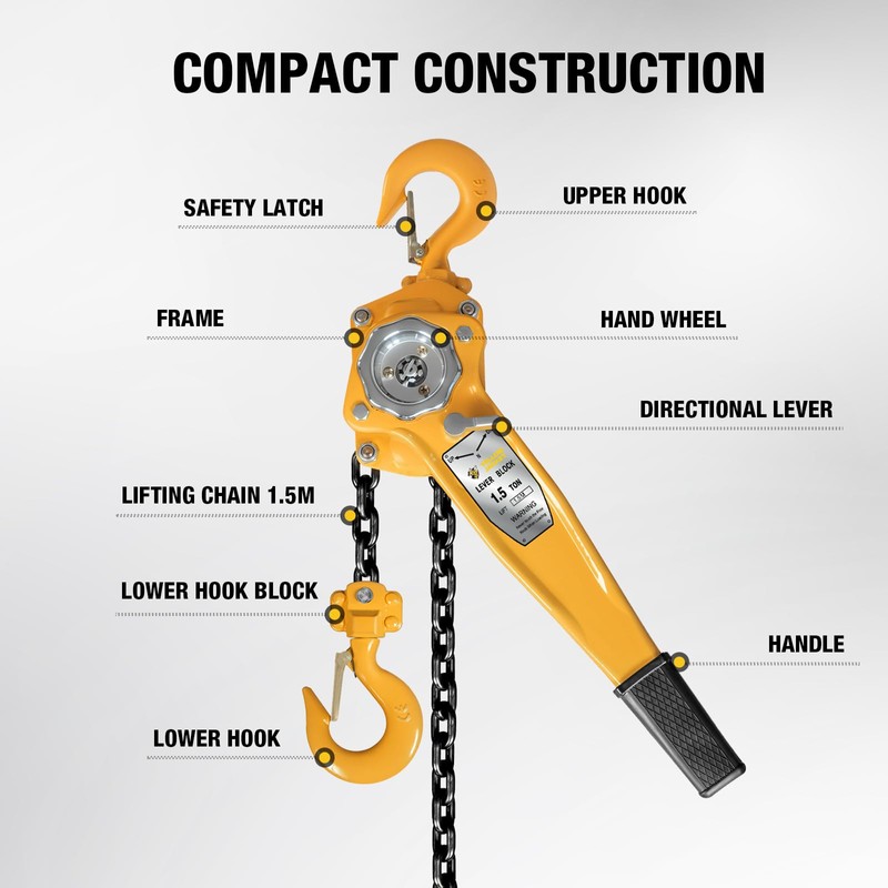 YELLOW JACKET 1.5 Ton Manual Lever Chain Hoist, G80 Galvanized