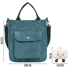 1 piece of green corduroy bag, with 1 plush cloud pendant, retro handbag, simple messenger bag, large-capacity shoulder bag, portable leisure bag, suitable for travel and shopping