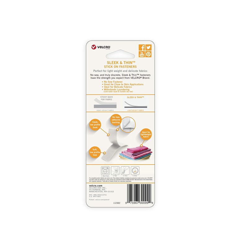 VELCRO Brand Sleek and Thin Stick On Tape for Fabrics
