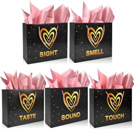 5 Senses Gift Bags for Him with Labels - Valentine's Day Five Senses Gift Bags for Him Her with Tissue Paper & Handles, 11.8''x9.8''x 3.9'' Smell Taste Touch Sight Sound Present Wrappings for Birthday