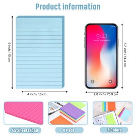EOOUT 8 Pack Lined Sticky Notes 4x6 Inches, Bright Ruled Self-Stick Pads, Colorful Super Sticking Power Memo Pads, Strong Adhesive Notes for Home, Office, School, Meeting, 45 Sheets/pad