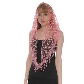Triangle Lace Mantilla Veil Floral Covering Church Veil for Mass Wedding Bridesmaids (Pink)