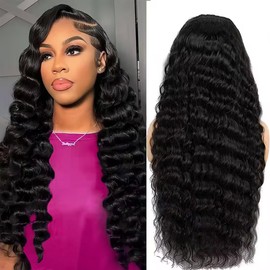 OLFORY Deep Wave Wig Lace Front Wigs Human Hair Wigs for Black Women 13x4 HD Transparent Lace Frontal Wigs Human Hair Pre Plucked 200% Density Loose Deep Wave Glueless Wigs Natural Black Color 28 inch