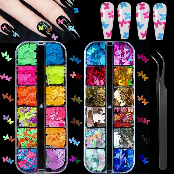 2 Boxes Butterfly Nail Art Glitter Sequins Kit with Tweezers, Changar Fluorescent Round Tail Butterfly Nail Art Sequins Luminous Butterfly Nail Decoration for Manicure Make-Up