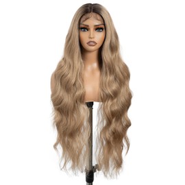 DÉBUT Long Wavy Synthetic Lace Front Wigs Body Wave 13x4 Middle Part Wig for Women Slight Pre Plucked Hairline with Baby Hair Ombre Brown to Blonde 36 Inches