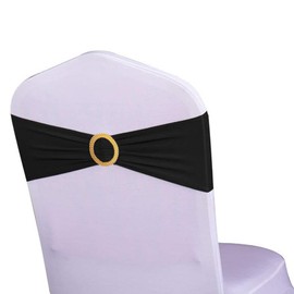 Pack of 100 Spandex Black Chair Sashes with Gold Buckles, Stretch Chairs Sashes for Wedding Party Baby Shower Ceremony Event Decorations Chair Bands Bows (Black Sashes, Gold Buckles)