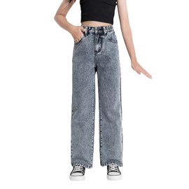 Floerns Girls High Waisted Straight Leg Jeans Denim Long Pants with Pocket Light Grey 9 Years