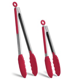 Premium Stainless Steel Locking Kitchen Tongs with Silicon Tips, Set of 2-9" and 12"(Red)