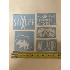 Slaced Decals Lot of 5 Skiing Decals White ~3.5” Ski Life Goggles Chair Lift Stickers For Car