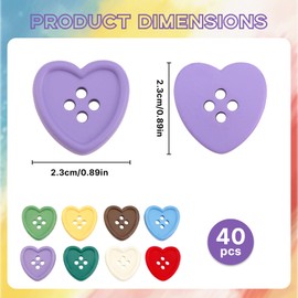 40 PCS 0.9" Resin Heart Buttons, Colorful Heart Shaped Buttons for Sewing Clothing Knitting Crafts Decoration (23mm, 8 Colors, 5 Pcs/Color)