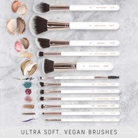 Niré Beauty White 15piece Award Winning Professional Makeup Brush Set: Vegan Makeup Brushes with Case, Makeup Sponge, Cleaner, Guide, Gift Box