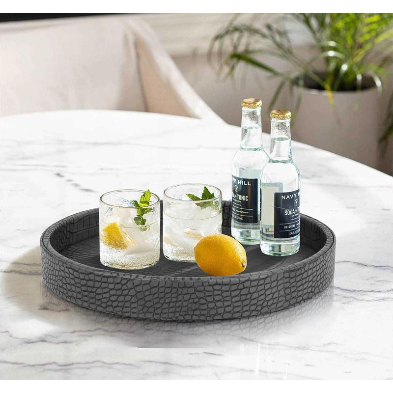 HofferRuffer Faux Leather Round Serving Tray, Vegan Croco Leather Decorative