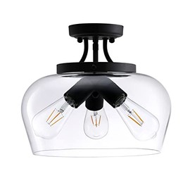 VONLUCE Modern Industrial Semi Flush Mount Ceiling Lighting Fixture, 3 Bulb Matte Black Ceiling Light Fixture with Clear Glass Shade for Bedroom Hallway Living Room Entryway Foyer