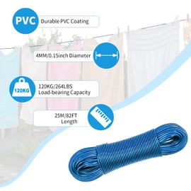 25m Washing Line,Clothes Line,Clothes Lines for Outside,Strong and Durable,Waterproof and Rust-Proof,Suitable for Clothes Drying,Industrial Packaging,Bundling Transportation (Blue)