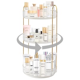 INVSSENE 360° Rotating Makeup Organizer, Bathroom Make Up Spinning Holder Rack, Large Capacity Cosmetics Storage Vanity Shelf Countertop, Fits Cosmetics, Perfume, Skincare, Lipsticks(3 Tiers, Clear)