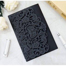 DH-LINK Wedding Invitation Cards Laser Cut Floral Design Invites Pocket for Bridal Showers, Engagement Parties, Invitation Covers(Black,10pcs)