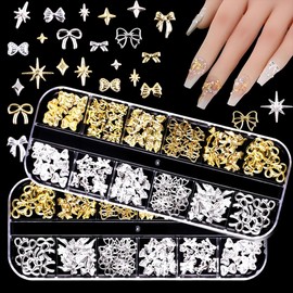 LYHMHAMY Nail Parts, Silver, Gold, Studs, Stars, Bowknots, Metal Parts, Gel Nail Parts, Decorative Parts, Resin Parts, Small, Nail Art, DIY, Handmade Set