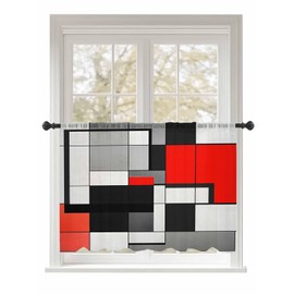 Red Black Gray Abstract Art Geometric Sheer Chiffon Curtain Modern Minimalist Voile Window Drape for Bedroom 45 Inch Long,Single Panel Semi-Sheer Window Treatment for Living Room, Nursery