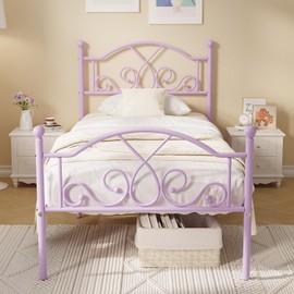 Weehom Twin Bed Frames, Modern Twin Size Metal Bed Frames for Kids Girls, No Box-Spring Needed Twin Platform Bed Frame with Headboard, 11.23 Inches Storage Space - Purple