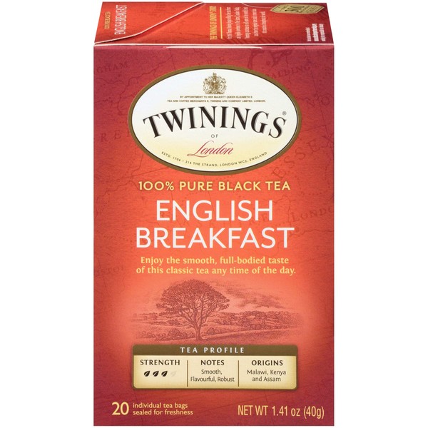 Twinings English Breakfast Individually Wrapped Tea Bags, 20 Count (Pack of 6), Flavourful, Robust Black Tea, Caffeinated