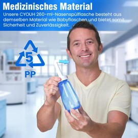 CYOUH Nasendusche Set, Nasenspülung,260 ml, mit 60 Nasenwasch-Salzpaketen und Aufkleberthermometer，Nasendusche Erwachsene und Kinder zur Nasenreinigung und Nasenspülung