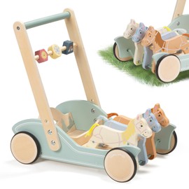Wooden Baby Push Walker for Boys Girls Ages 1-3, Galloping Ponies Push and Pull Activity Walker Adjustable Speed, Baby Push Walker Christmas Gift for Toddler Kids Motor Skills & Creativity
