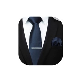 HISDERN Men's Wedding Ties and Pocket Square Tie Clip Set Plain in Various Colours, navy blue