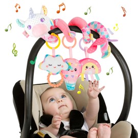 Funsland Pram Toy, Baby Activity Spiral Toy with Music, Hanging Spiral Plush Toy for Cot, Car Seat, Newborn Gift for Baby 0 3 6 12 Months, Pink