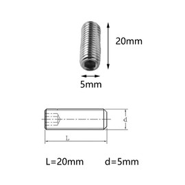Pack of 10 Grub Screws, M5 x 20 mm A2 Stainless Steel Threaded Pin, Hexagon Socket, Used for Small Repairs of Door Handles, Garages, Taps, Various Home Gardens