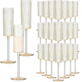 Suclain 16 Pack Gold Ribbed Acrylic Champagne Flutes Bulk 5.5 oz Unbreakable Goblet Glasses Reusable Vintage Champagne Glasses Toasting Cups Wine Drinking Modern Elegant for Wedding Party Birthday
