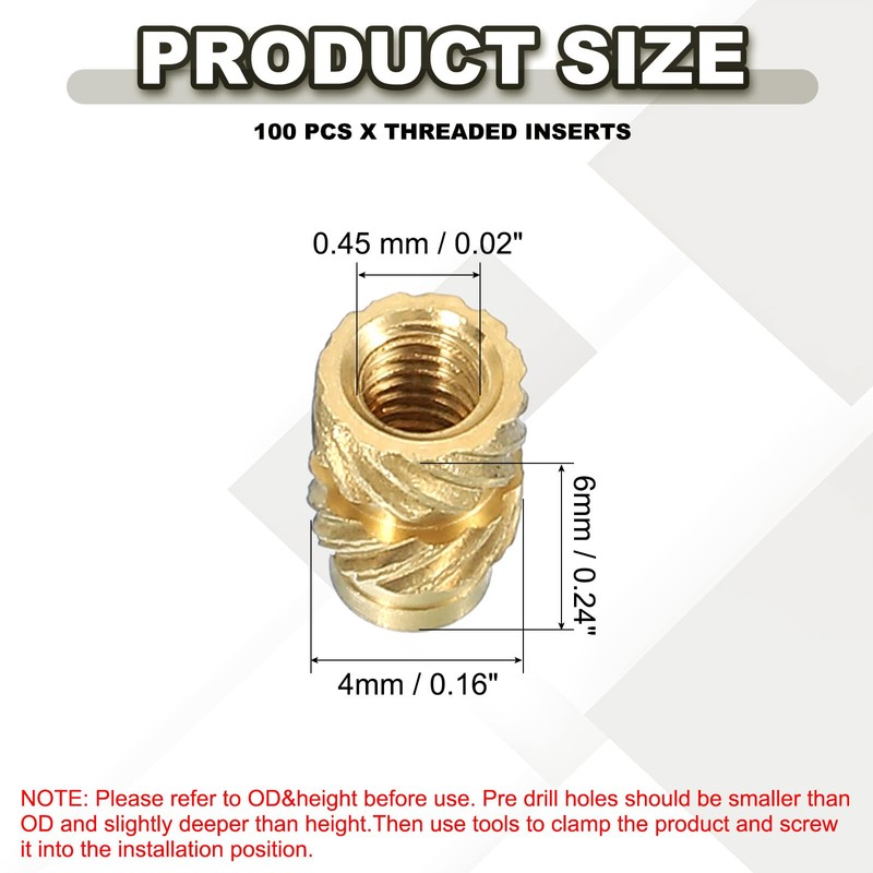 PATIKIL Threaded Inserts M2.5x6x4mm, 100 Pcs Brass Heat Set Insert